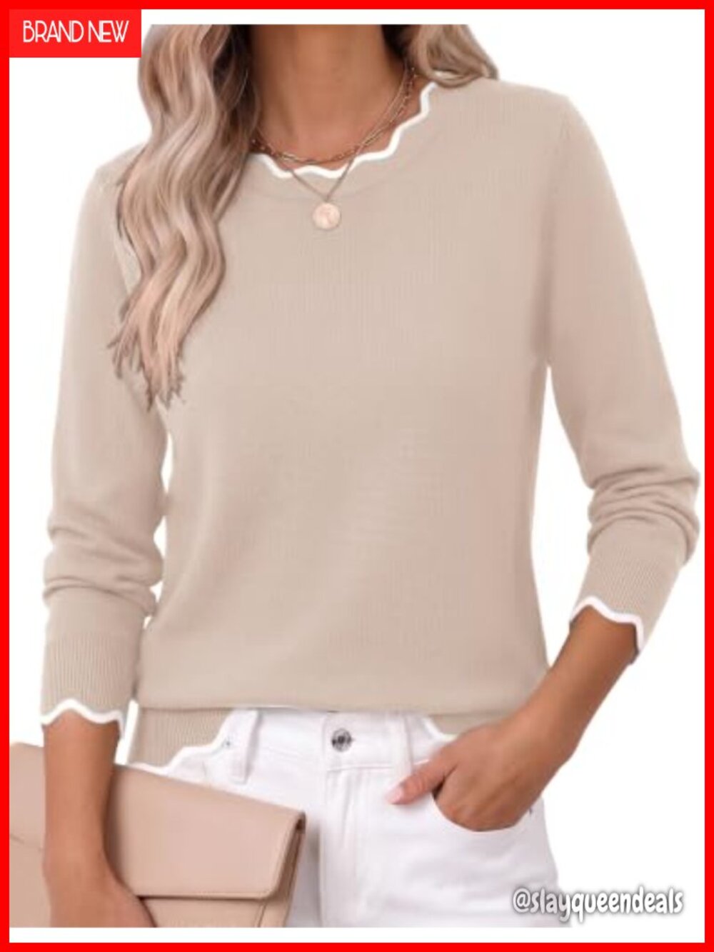 Scalloped Long Sleeve Pullover Sweater Womens Soft Knit Crew Neck